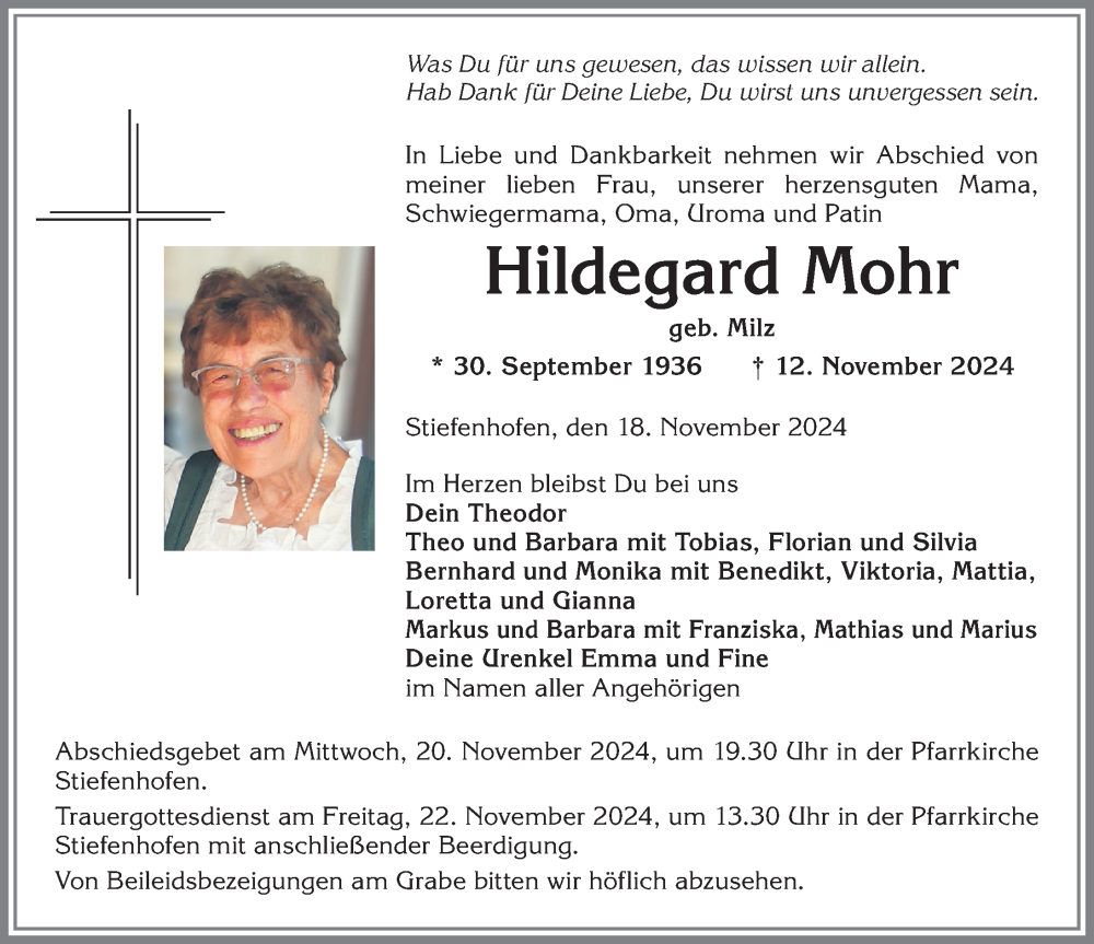 Traueranzeige von Hildegard Mohr von Allgäuer Anzeigeblatt