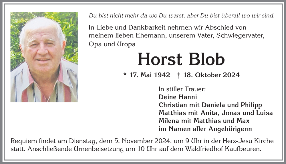 Traueranzeige von Horst Blob von Allgäuer Zeitung, Kaufbeuren/Buchloe