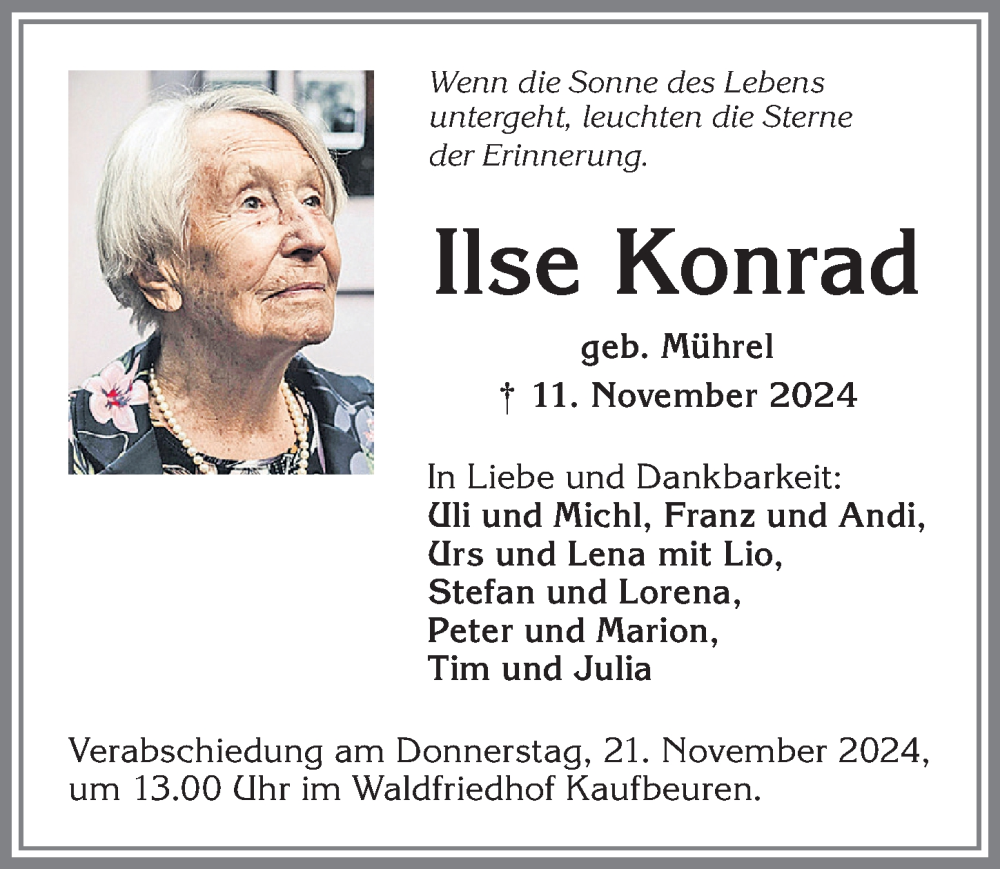 Traueranzeige von Ilse Konrad von Allgäuer Zeitung, Kaufbeuren/Buchloe