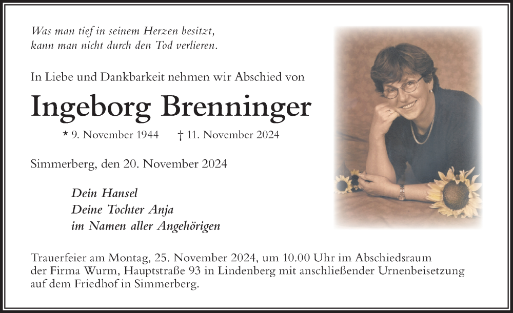 Traueranzeige von Ingeborg Brenninger von Der Westallgäuer