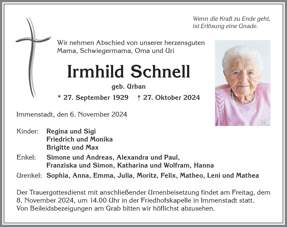 Traueranzeige von Irmhild Schnell von Allgäuer Anzeigeblatt