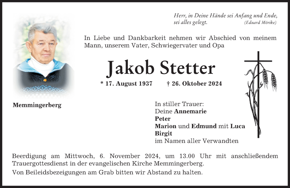 Traueranzeige von Jakob Stetter von Memminger Zeitung