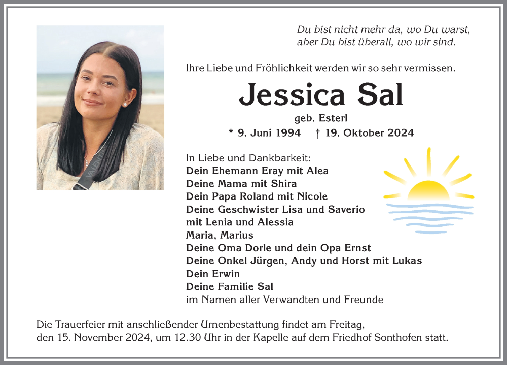 Traueranzeige von Jessica Sal von Allgäuer Anzeigeblatt