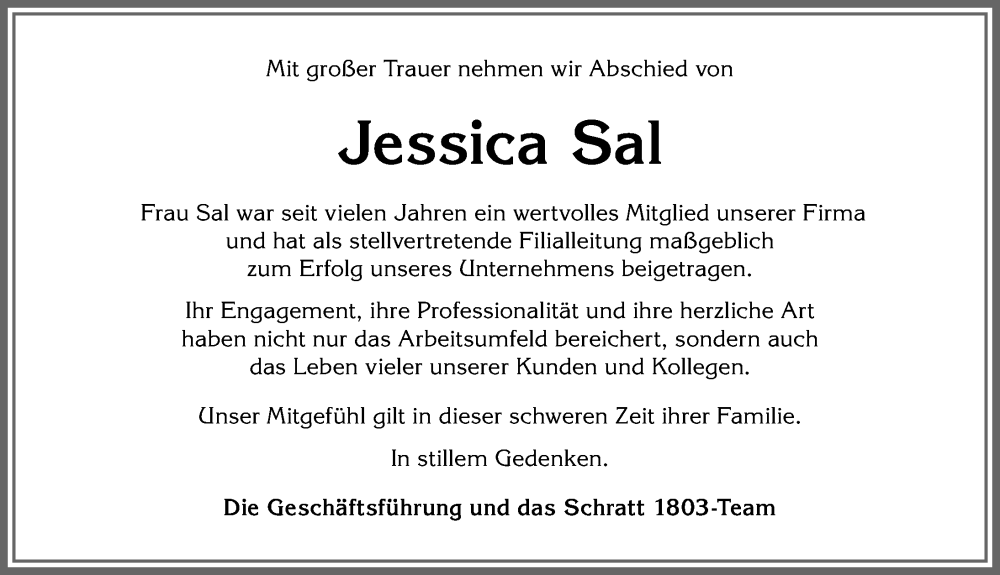 Traueranzeige von Jessica Sal von Allgäuer Anzeigeblatt