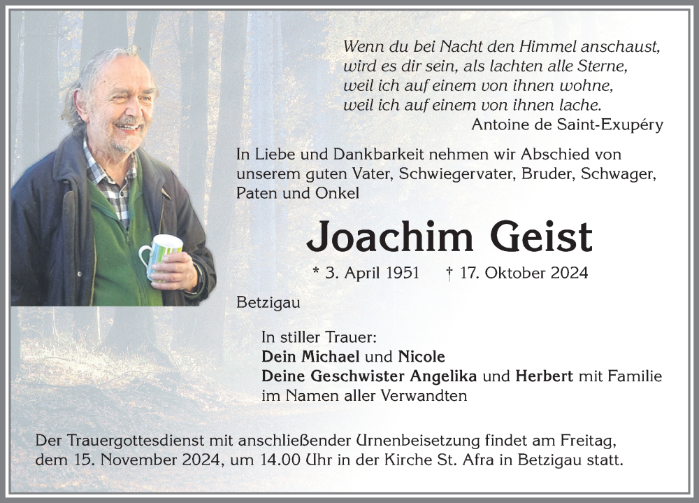 Traueranzeige von Joachim Geist von Allgäuer Zeitung,Kempten