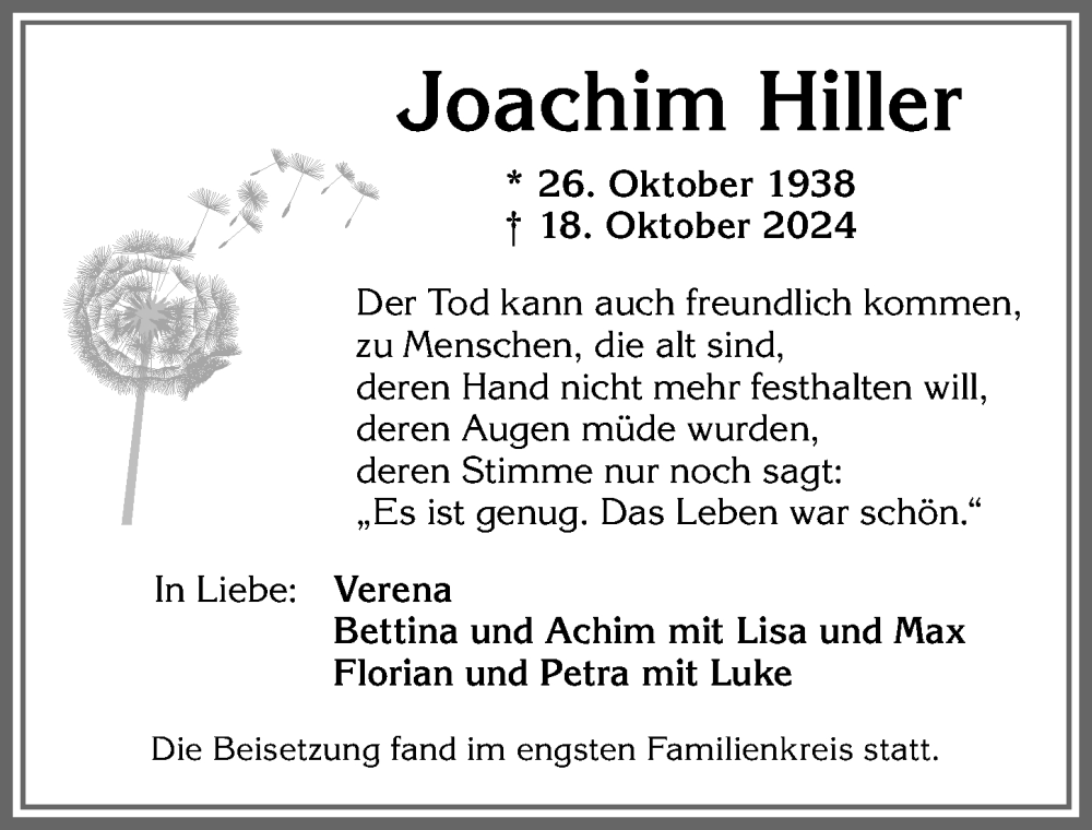 Traueranzeige von Joachim Hiller von Allgäuer Anzeigeblatt