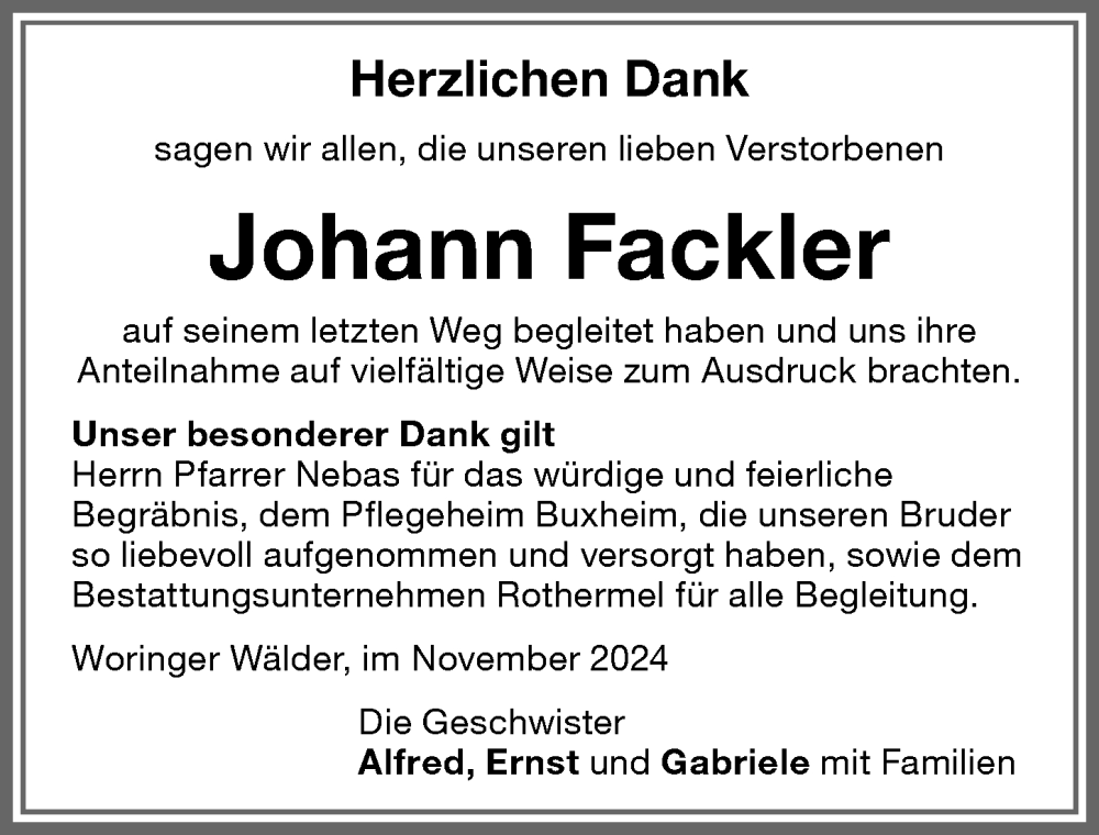 Traueranzeige von Johann Fackler von Memminger Zeitung