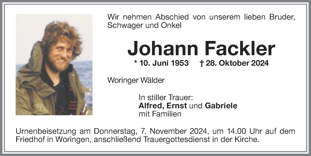 Traueranzeige von Johann Fackler von Memminger Zeitung