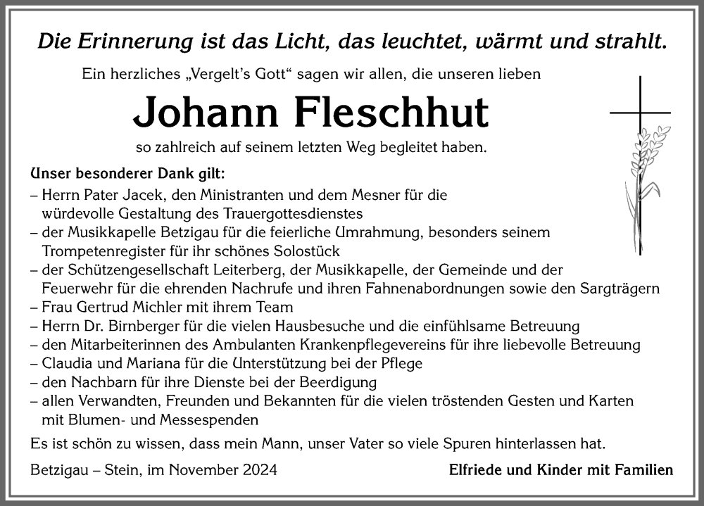 Traueranzeige von Johann Fleschhut von Allgäuer Zeitung,Kempten