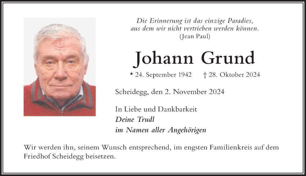 Traueranzeige von Johann Grund von Der Westallgäuer