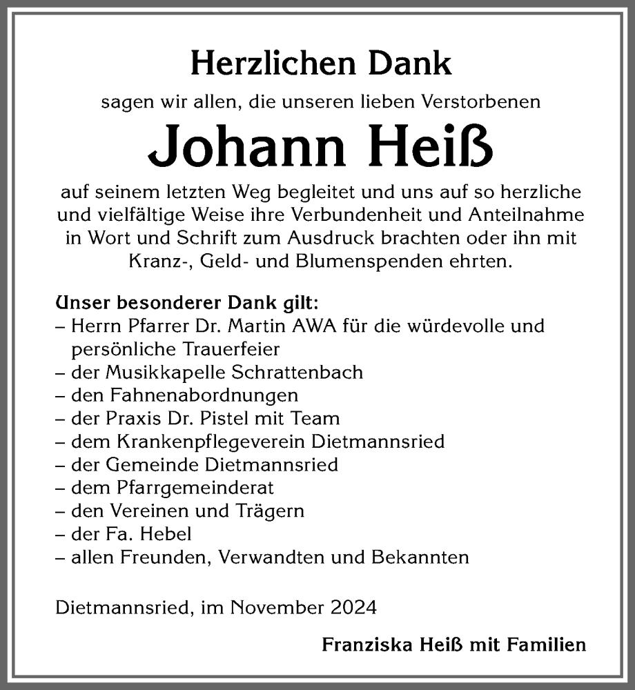 Traueranzeige von Johann Heiß von Allgäuer Zeitung,Kempten