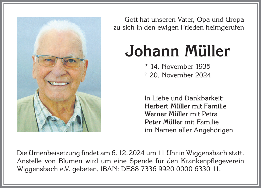 Traueranzeige von Johann Müller von Allgäuer Zeitung,Kempten