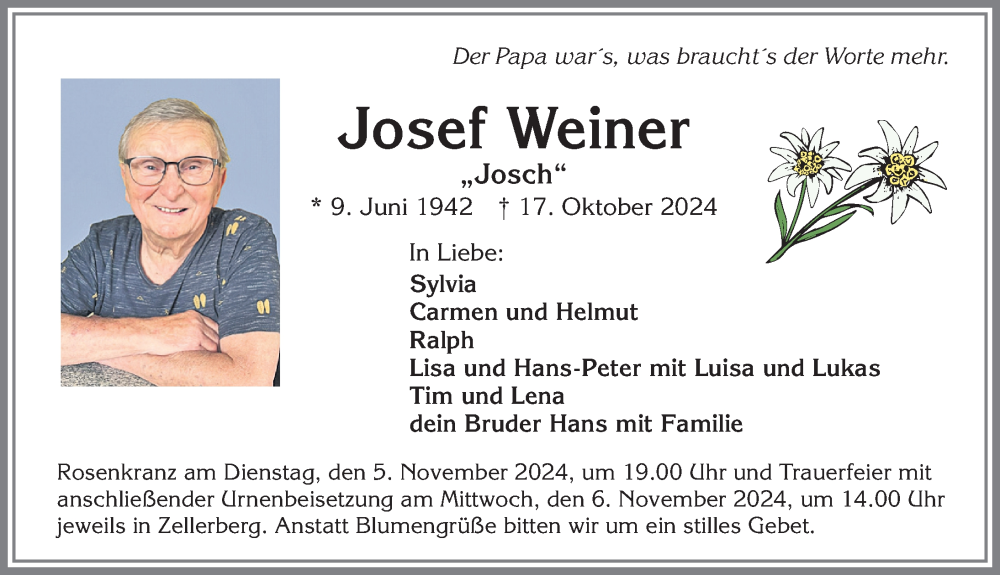 Traueranzeige von Josef Weiner von Augsburger Allgemeine, Mindelheimer Zeitung