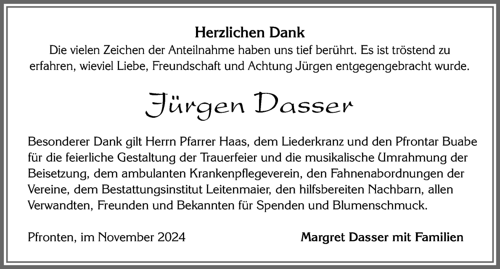 Traueranzeige von Jürgen Dasser von Allgäuer Zeitung, Füssen