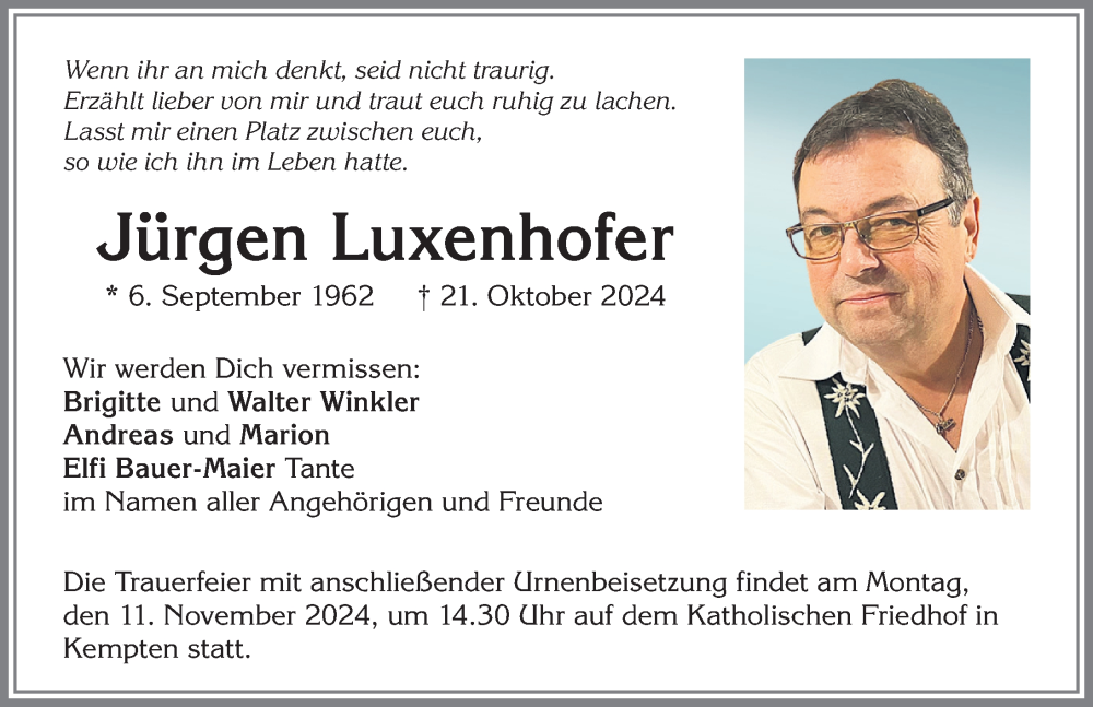 Traueranzeige von Jürgen Luxenhofer von Allgäuer Zeitung,Kempten