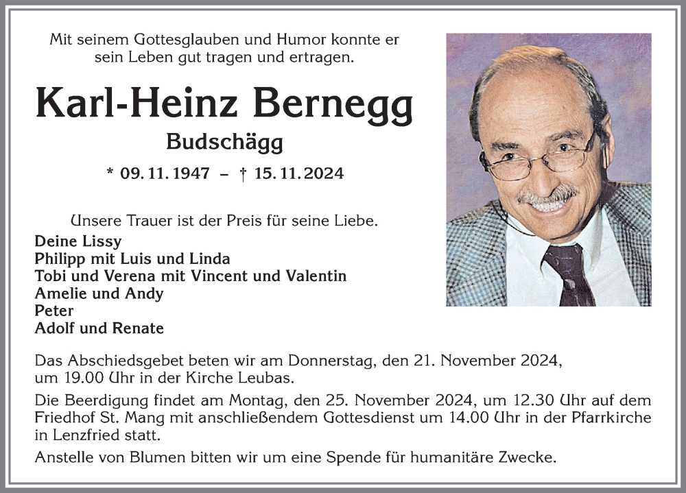 Traueranzeige von Karl-Heinz Bernegg von Allgäuer Zeitung,Kempten