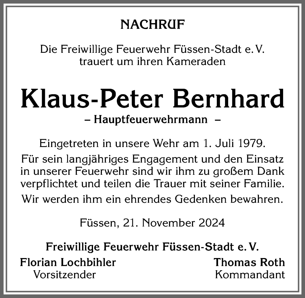 Traueranzeige von Klaus-Peter Bernhard von Allgäuer Zeitung, Füssen