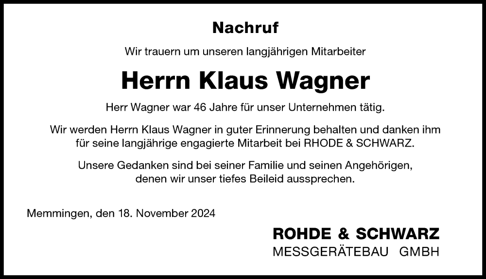 Traueranzeige von Klaus Wagner von Memminger Zeitung