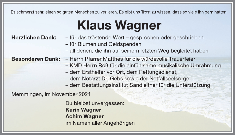 Traueranzeige von Klaus Wagner von Memminger Zeitung