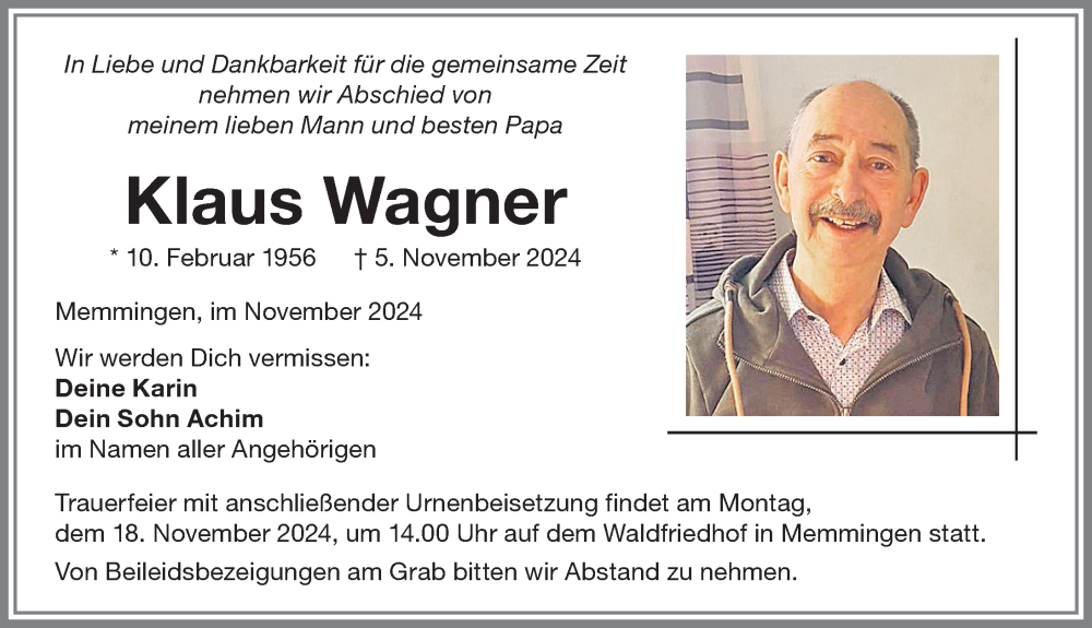 Traueranzeige von Klaus Wagner von Memminger Zeitung