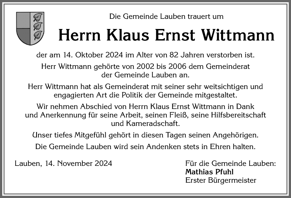 Traueranzeige von Klaus Ernst Wittmann von Allgäuer Zeitung,Kempten