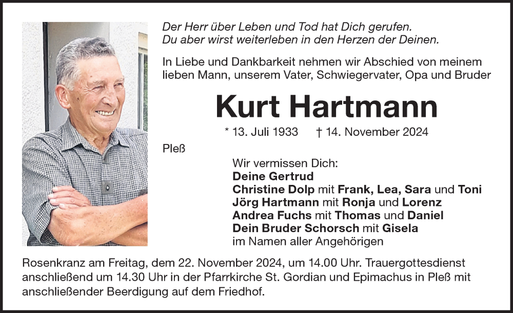 Traueranzeige von Kurt Hartmann von Memminger Zeitung