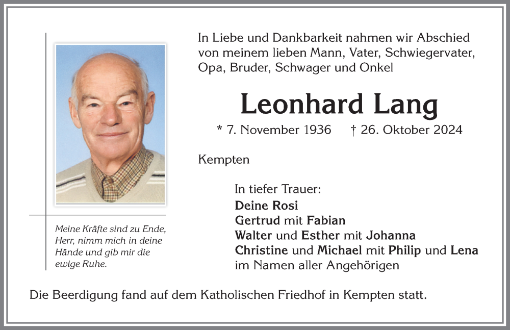 Traueranzeige von Leonhard Lang von Allgäuer Zeitung,Kempten