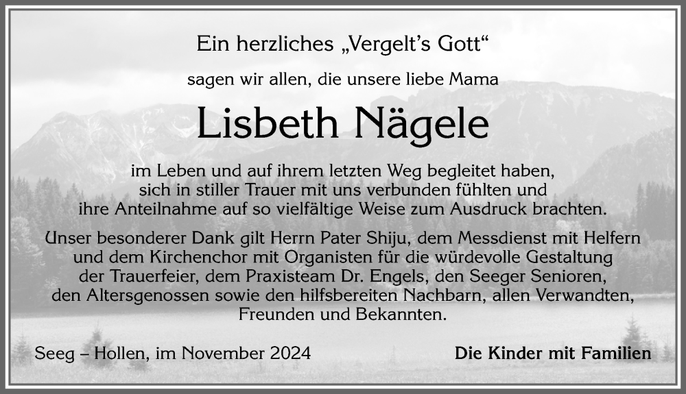 Traueranzeige von Lisbeth Nägele von Allgäuer Zeitung, Füssen