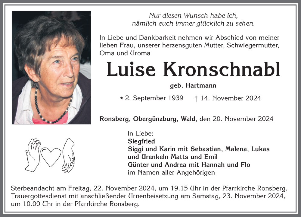 Traueranzeige von Luise Kronschnabl von Allgäuer Zeitung, Marktoberdorf