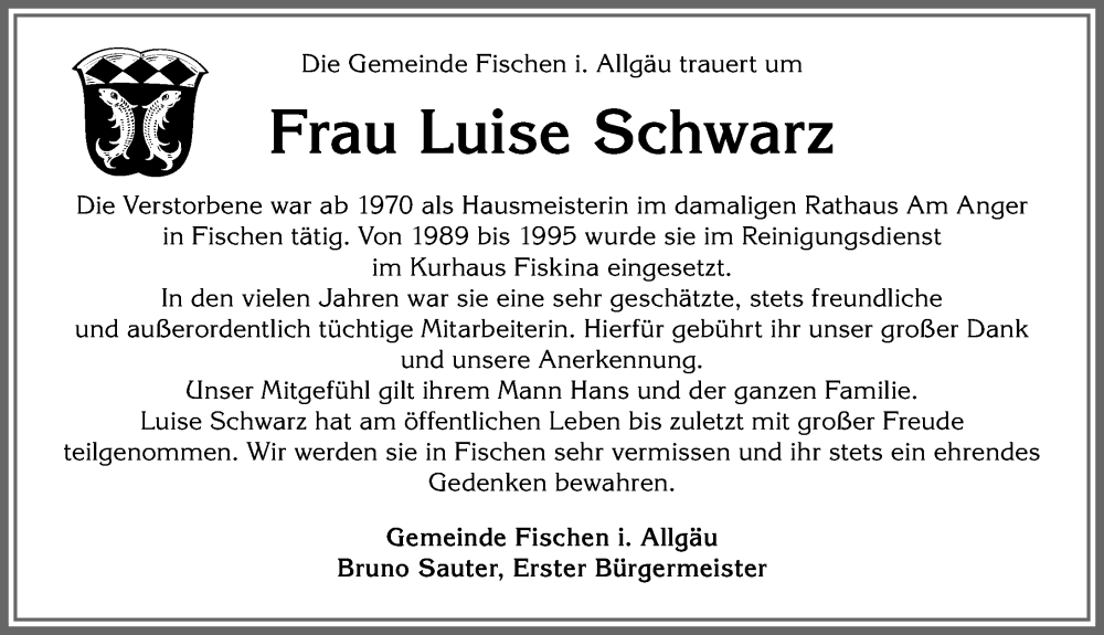 Traueranzeige von Luise Schwarz von Allgäuer Anzeigeblatt