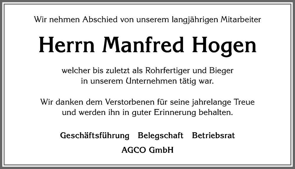 Traueranzeige von Manfred Hogen von Allgäuer Zeitung, Marktoberdorf