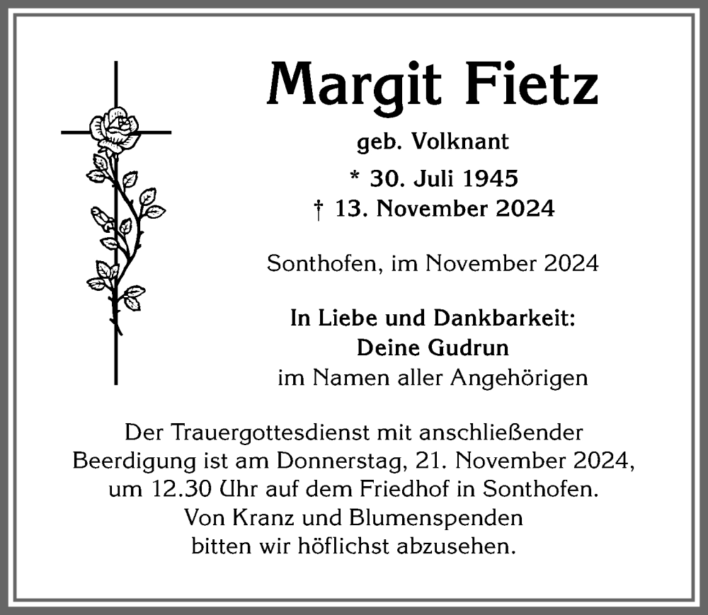 Traueranzeige von Margit Fietz von Allgäuer Anzeigeblatt