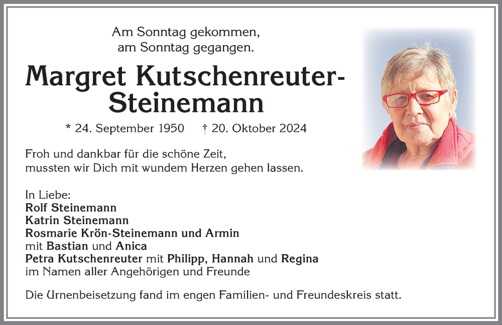 Traueranzeige von Margret Kutschenreuter-Steinemann von Allgäuer Zeitung,Kempten