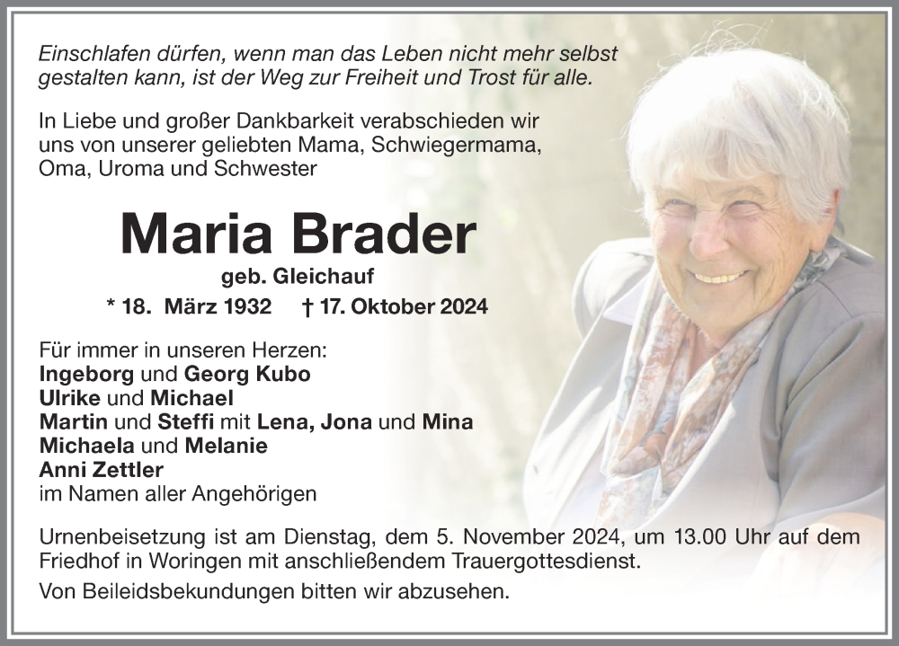 Traueranzeige von Maria Brader von Memminger Zeitung