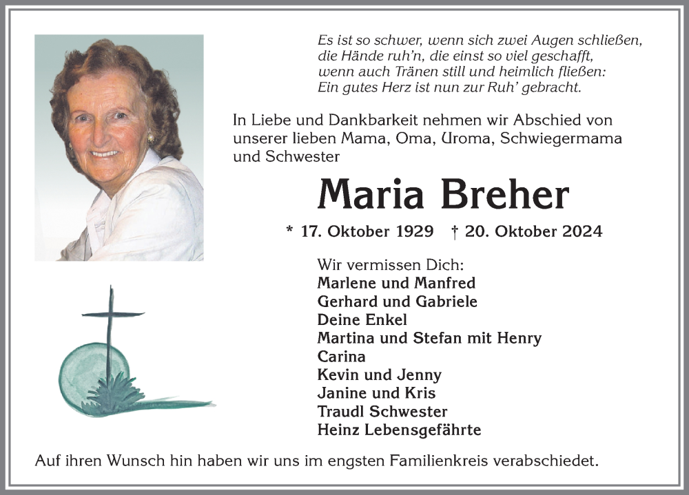 Traueranzeige von Maria Breher von Allgäuer Zeitung,Kempten