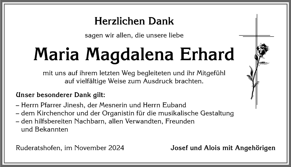 Traueranzeige von Maria Magdalena Erhard von Allgäuer Zeitung, Marktoberdorf