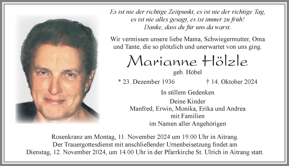 Traueranzeige von Marianne Hölzle von Allgäuer Zeitung, Marktoberdorf