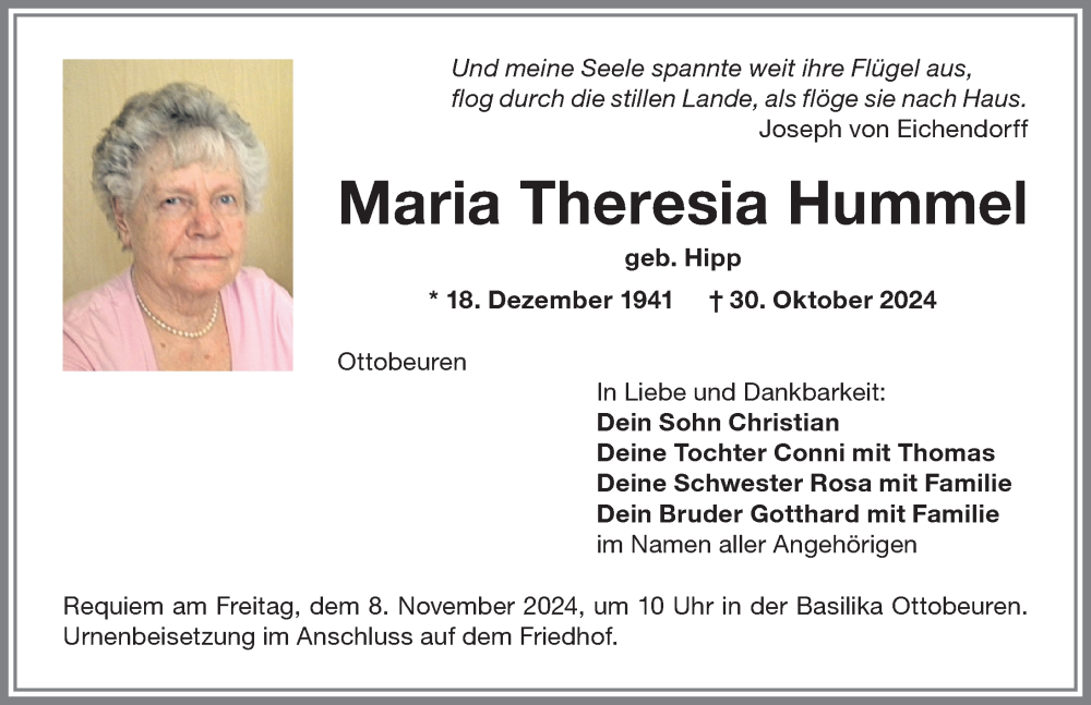 Traueranzeige von Maria Theresia Hummel von Memminger Zeitung