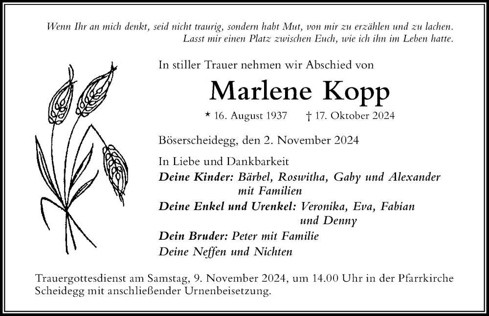 Traueranzeige von Marlene Kopp von Der Westallgäuer