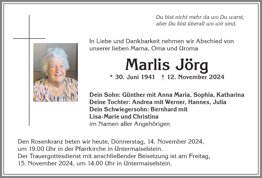 Traueranzeige von Marlis Jörg von Allgäuer Anzeigeblatt