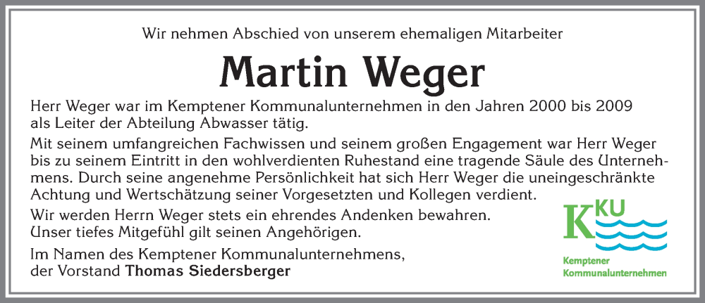 Traueranzeige von Martin Weger von Allgäuer Zeitung,Kempten