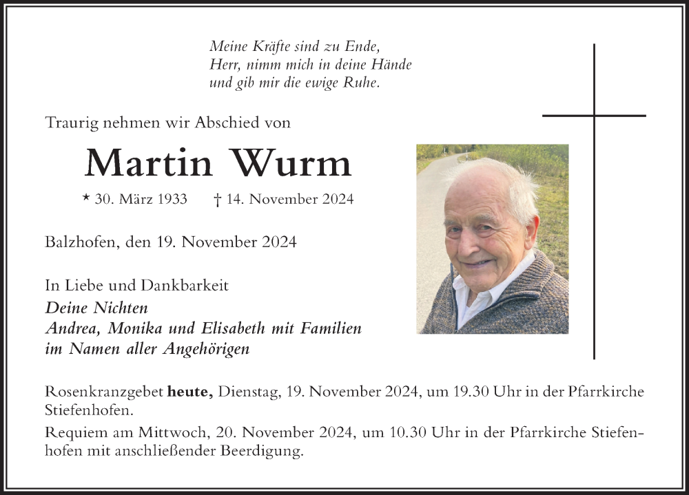 Traueranzeige von Martin Wurm von Der Westallgäuer