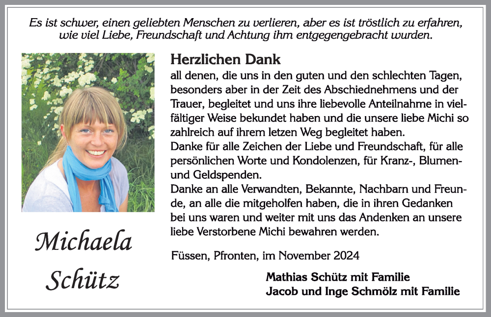 Traueranzeige von Michaela Schütz von Allgäuer Zeitung, Füssen