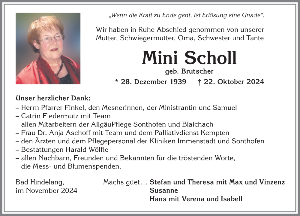 Traueranzeige von Mini Scholl von Allgäuer Anzeigeblatt