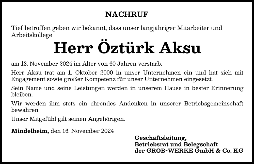 Traueranzeige von Öztürk Aksu von Augsburger Allgemeine, Mindelheimer Zeitung