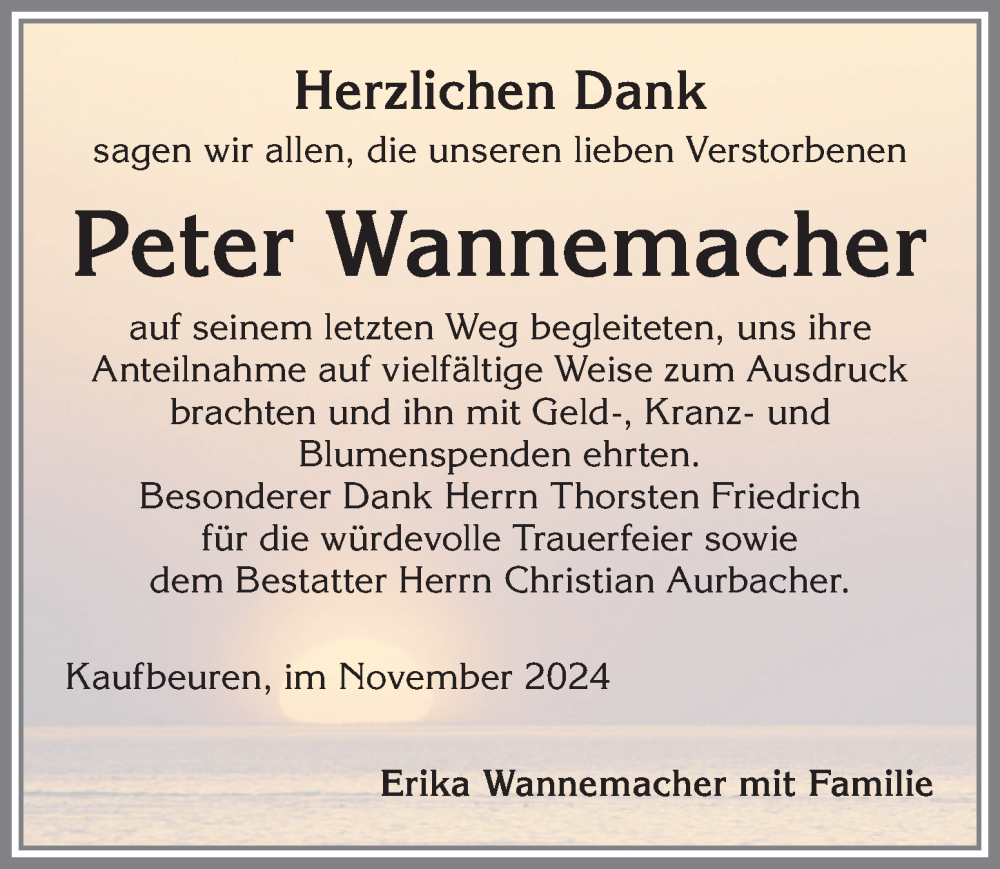 Traueranzeige von Peter Wannemacher von Allgäuer Zeitung, Kaufbeuren/Buchloe