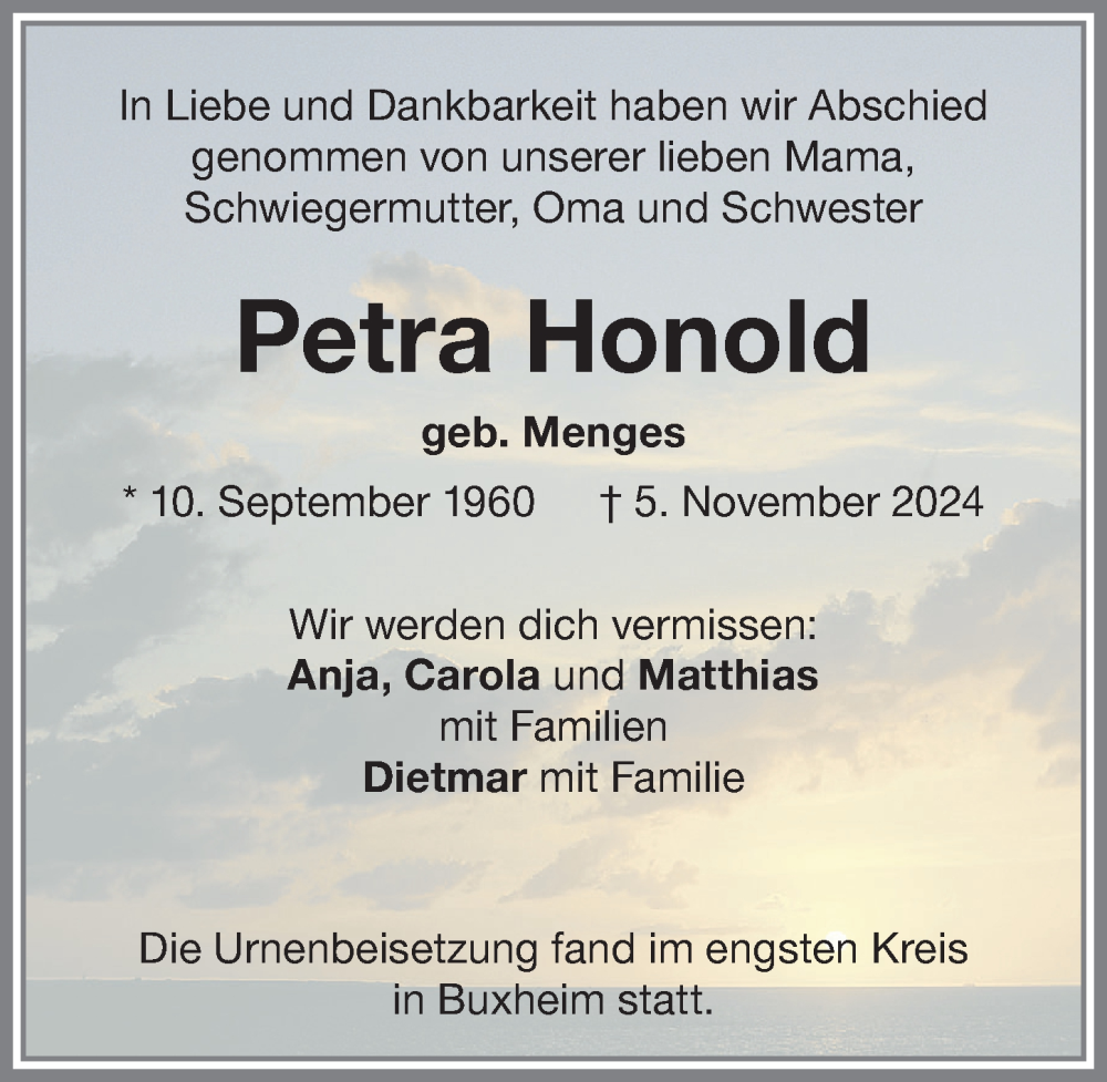 Traueranzeige von Petra Honold von Memminger Zeitung