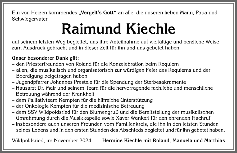 Traueranzeige von Raimund Kiechle von Allgäuer Zeitung,Kempten