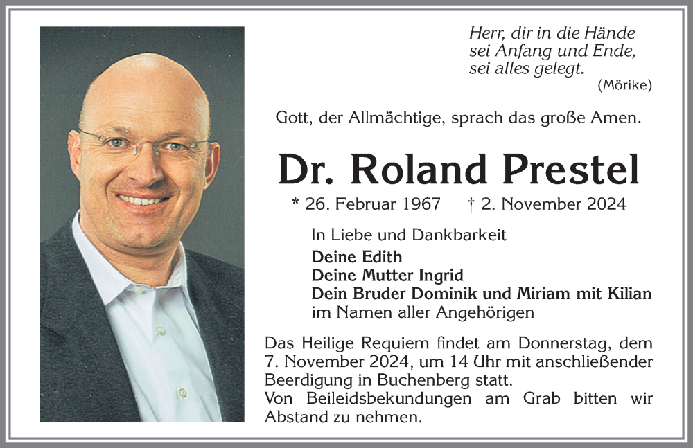 Traueranzeige von Roland Prestel von Allgäuer Zeitung,Kempten