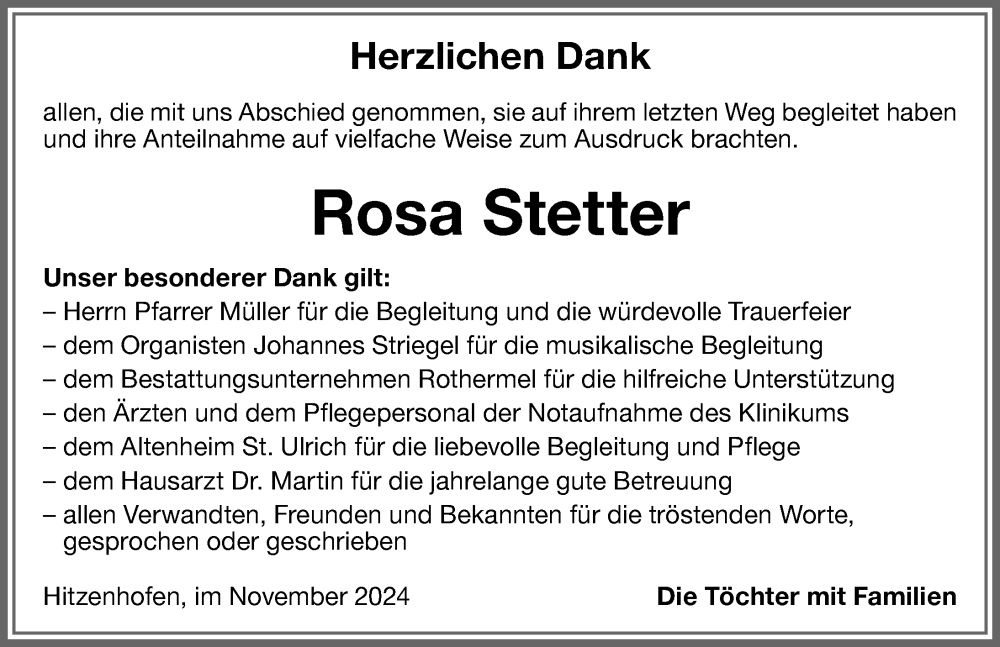 Traueranzeige von Rosa Stetter von Memminger Zeitung